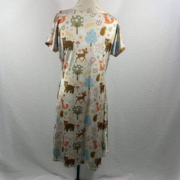 Colorful Whimsical Woodland Animals Pattern Cap Sleeve Dress Comfy Spring - Picture 7 of 11